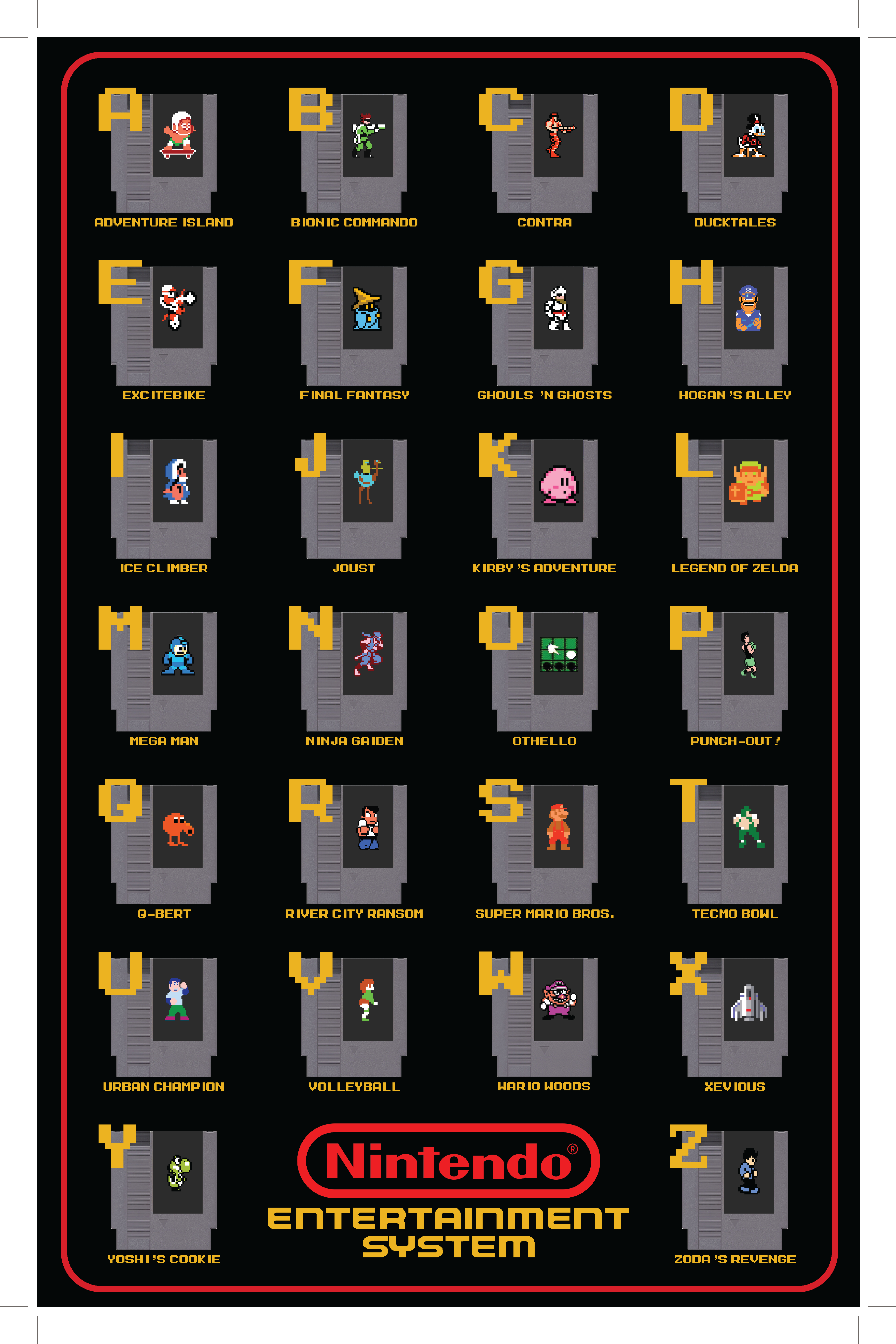 A poster of the alphabet featuring Nintendo NES games. Image links to full-size image.