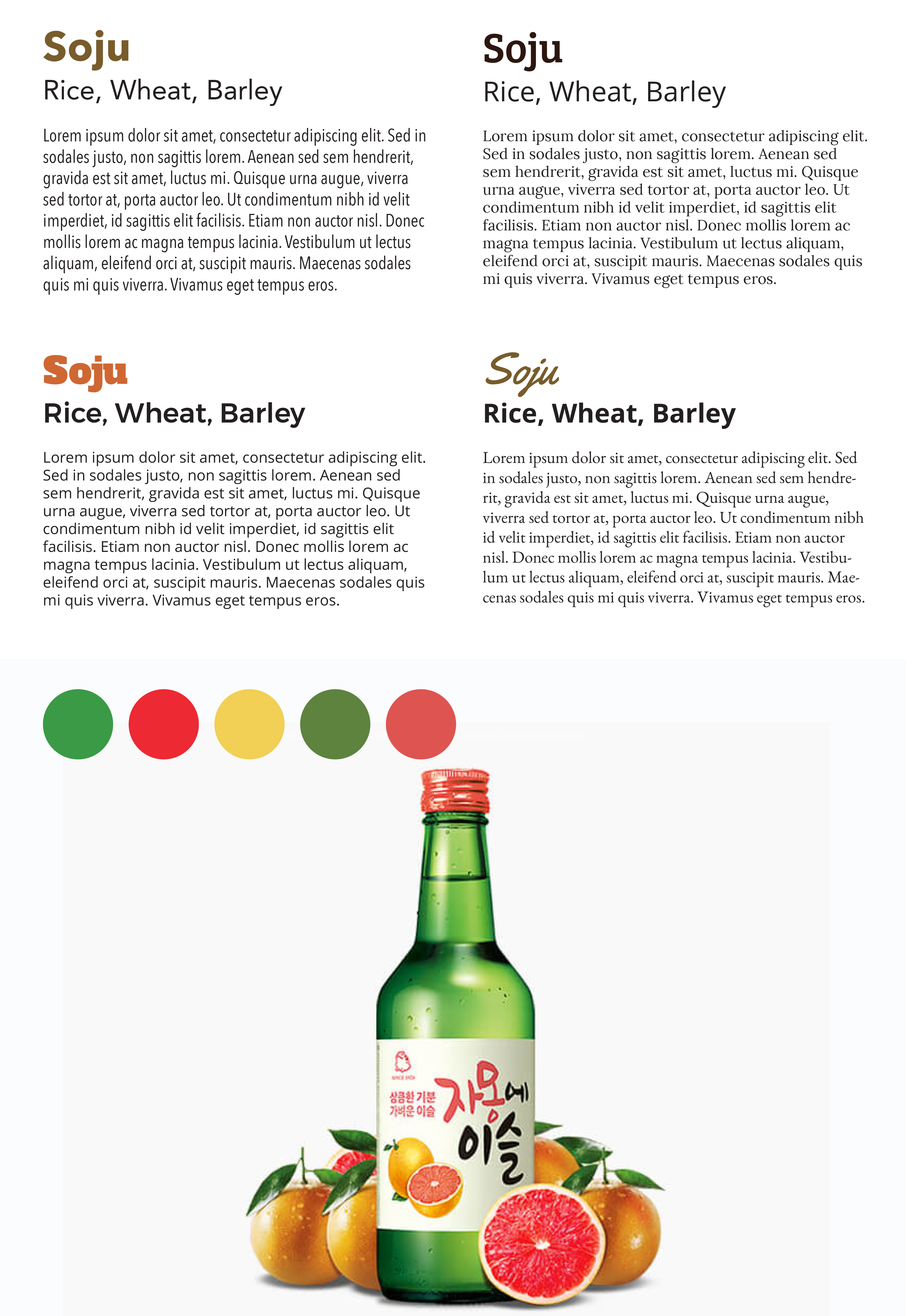 A mock-up of typefaces and colors to be used in an ad for a beverage. Image links to full-size image.