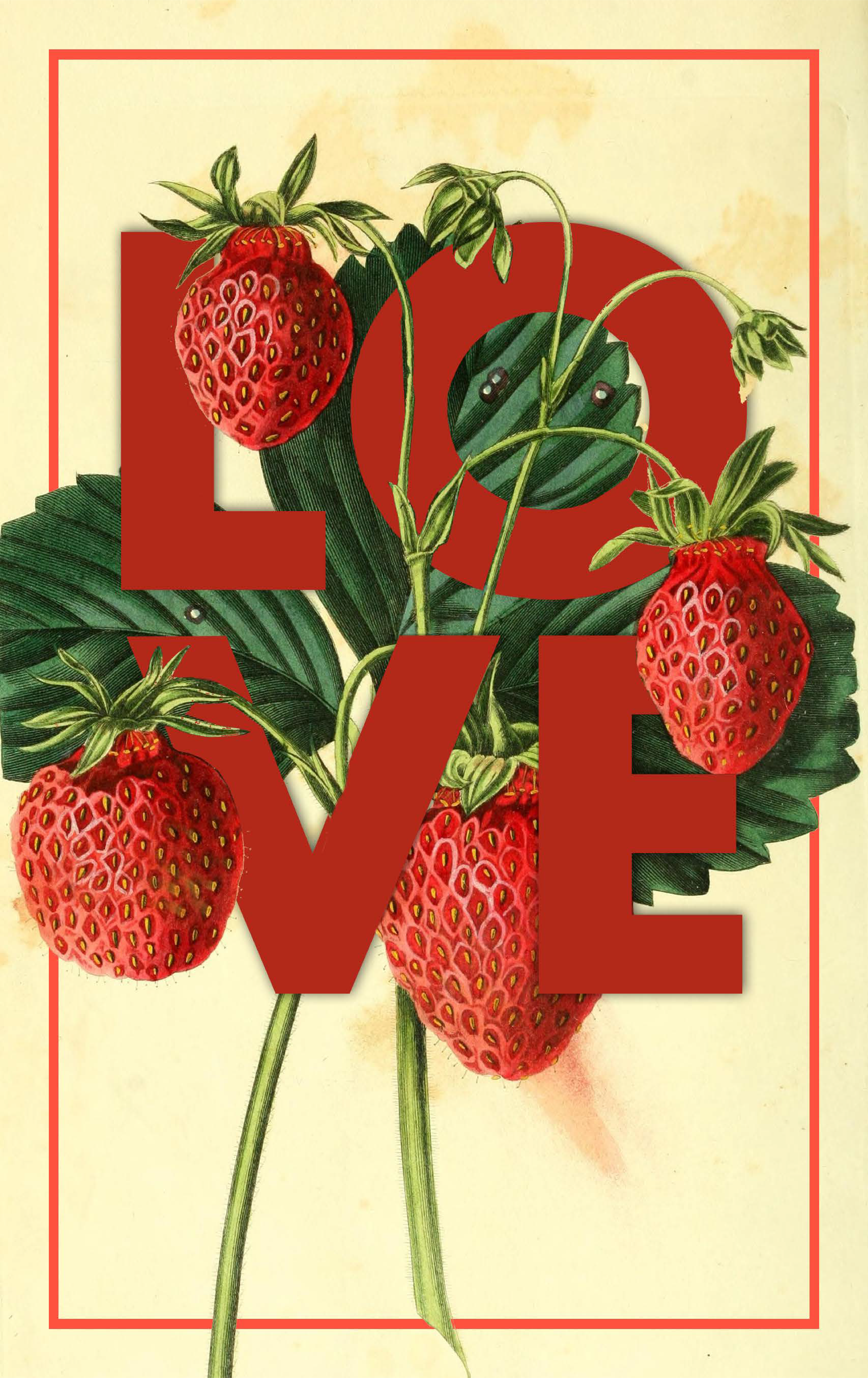 A poster of strawberries paired with a word they symbolize, love. Image links to full-size image.
